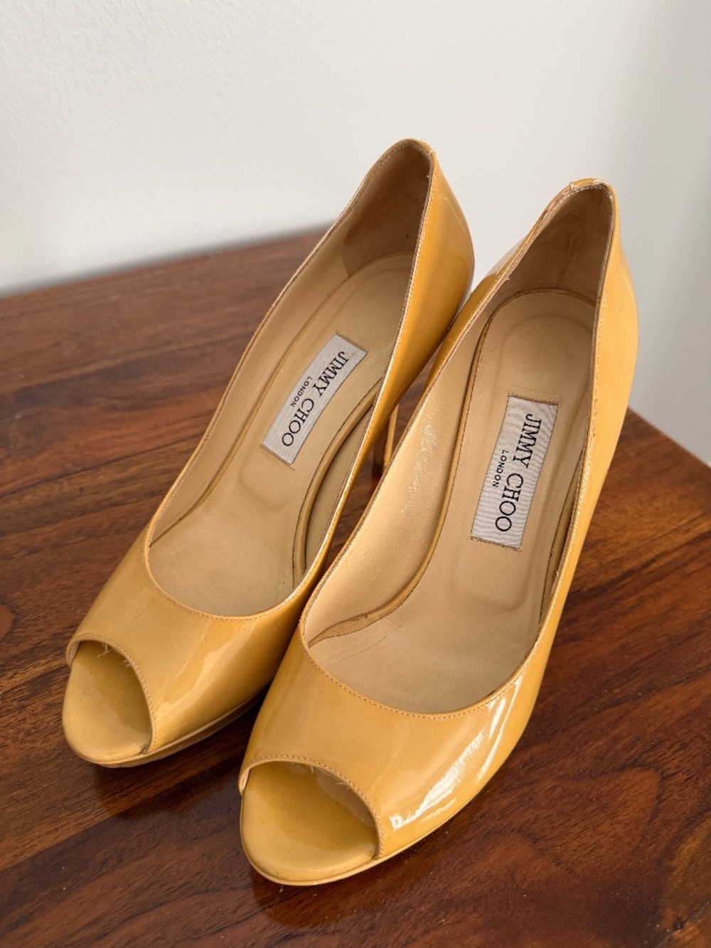 Jimmy Choo Nude Patent Peep Toe Heels 38.5